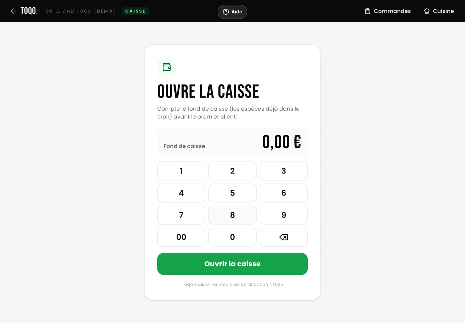 Écran d’ouverture de la caisse Toqo avec le fond de caisse